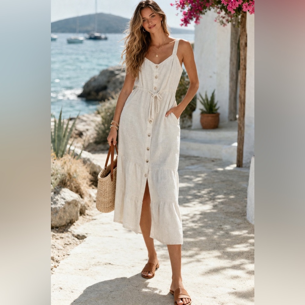Lucky Brand Cream Linen Blend Button Front Midi Dress Size M Pockets Tie Waist